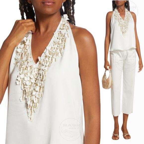 Ramy Brook Mitchell Top Ivory Beaded Halter | Glam, Resort Vacation S NWT $395 - Picture 1 of 14